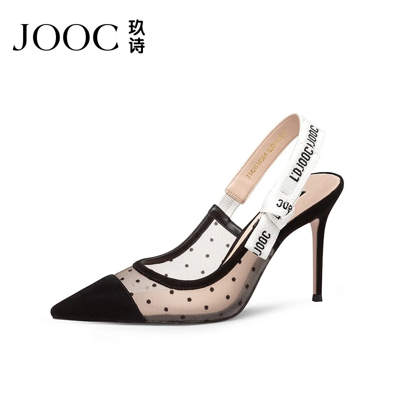 JOOC玖诗新款波点网纱气质高跟鞋女欧美夏季新款尖头后空单鞋4004