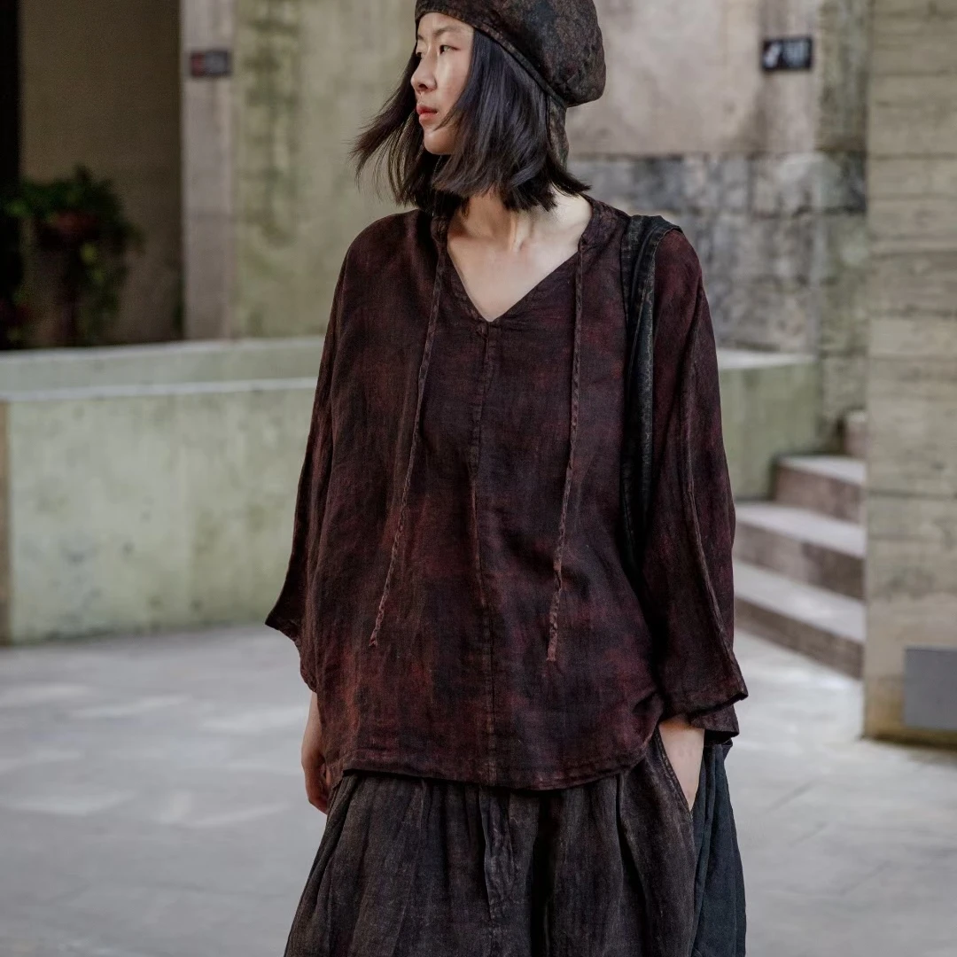 麻依者小衫复古印花套头上衣时尚均码款号801休闲百搭夏季宽松