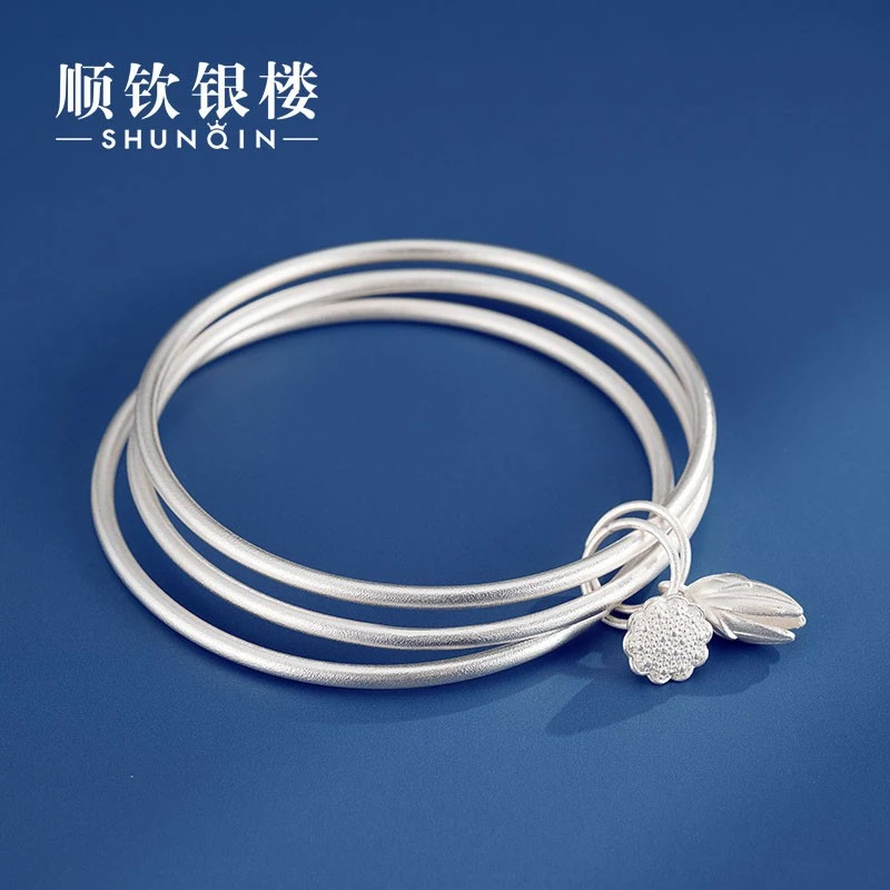 顺钦银楼 足银手镯 气质9999纯银传承三环两世欢三生三世百搭手镯