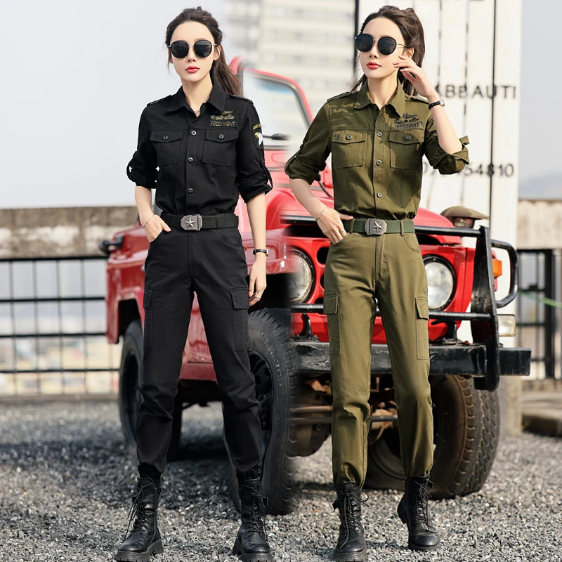 新款工装风套装女长袖春秋显瘦时尚两件套迷彩户外军绿舞服休闲