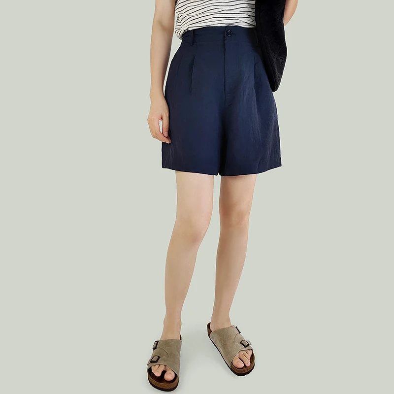 藏蓝色亚麻裤女夏季透气显瘦棉麻中裤子文艺复古阔腿高腰休闲短裤