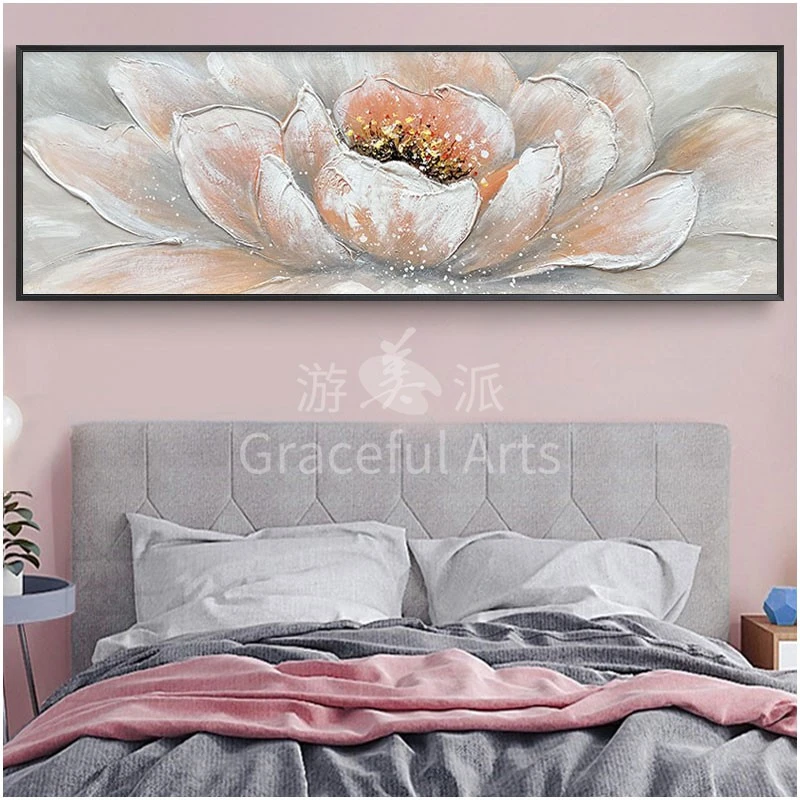 游美派原创设计手绘油画莲花楼挂画横版新中式现代主卧床头装饰画