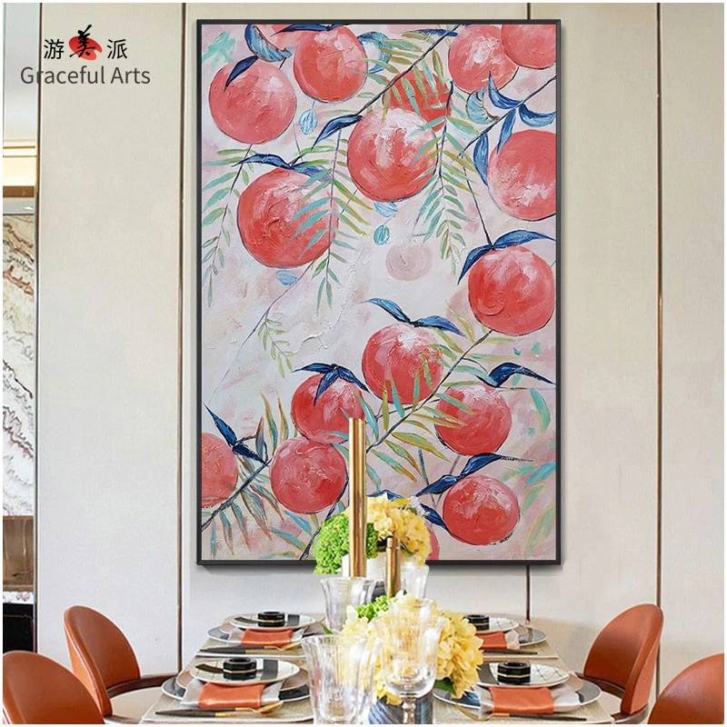 游美派创意静物装饰画手工绘油画柿子好寓意玄关新中式挂画走廊竖