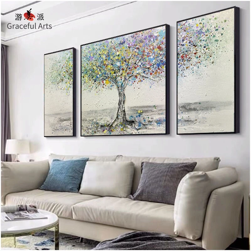 游美派原创手绘油画发财树新中式沙发背景挂画客厅高档餐厅挂画