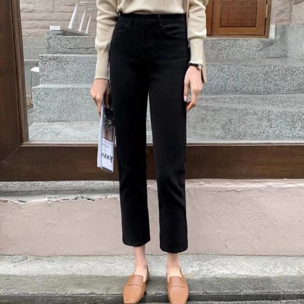 秋冬新款黑色加绒九分牛仔裤女高腰显瘦提臀窄版直筒小个子烟管裤