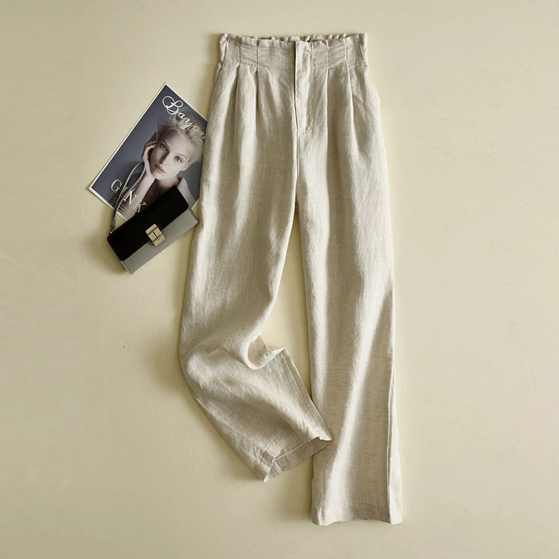 奶牛的梦纯亚麻阔腿裤女年新款花苞腰直筒裤高腰宽松显瘦休闲YM08