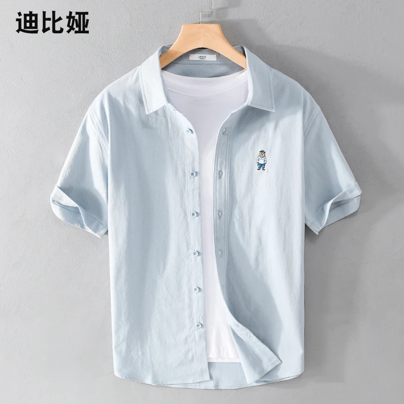 迪比娅日系刺绣短袖衬衫男夏季韩版休闲半袖寸衫宽松纯棉衬衣潮Y