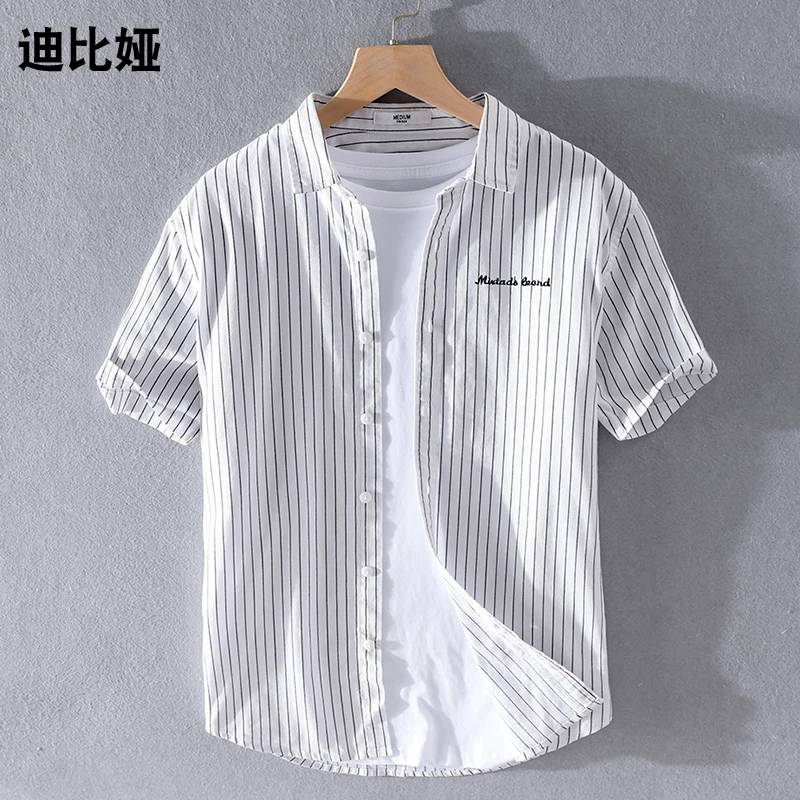 迪比娅夏季纯棉条纹男士短袖衬衫文艺轻熟风刺绣设计感小众衬衣Y