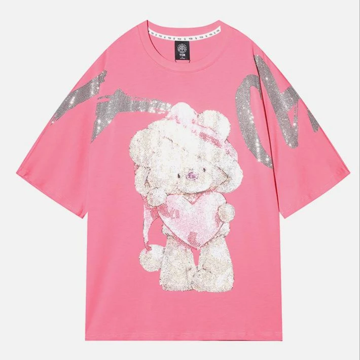 奥莱-TCH轻奢爱心卡通小熊烫钻浅粉色宽松T恤男女同款T21110C6057