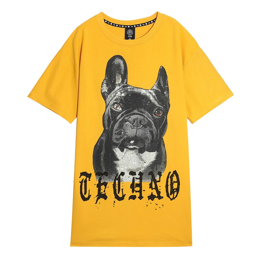 潮牌-TCH法斗狗翅膀烫钻黄色时尚休闲百搭圆领T恤裙T21110C6094