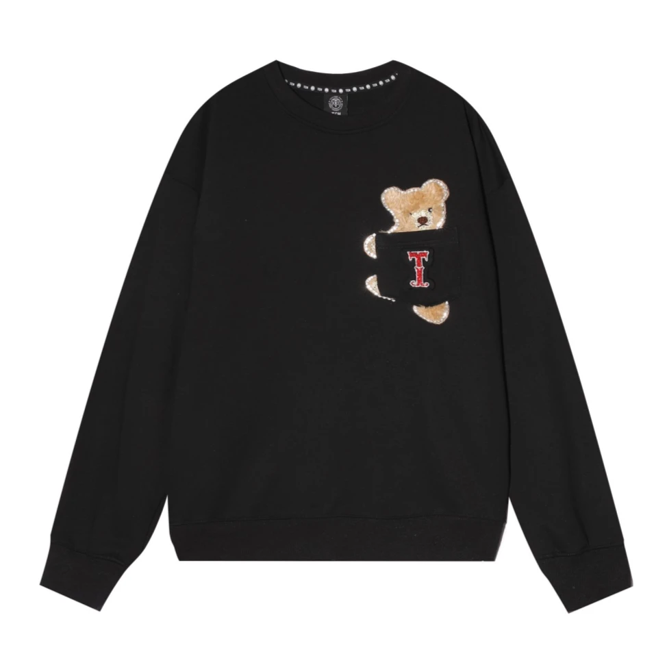 潮牌-TCH潮牌口袋毛绒小熊烫钻时尚潮流黑色圆领卫衣T66A116151