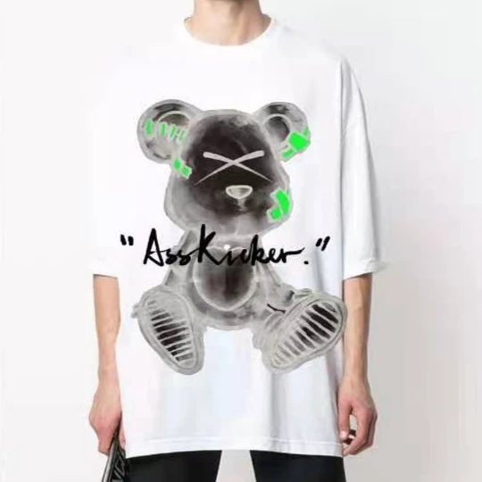 潮牌-TCH潮牌灰熊绿字母烫钻百搭情侣装白色T恤T21110C3033