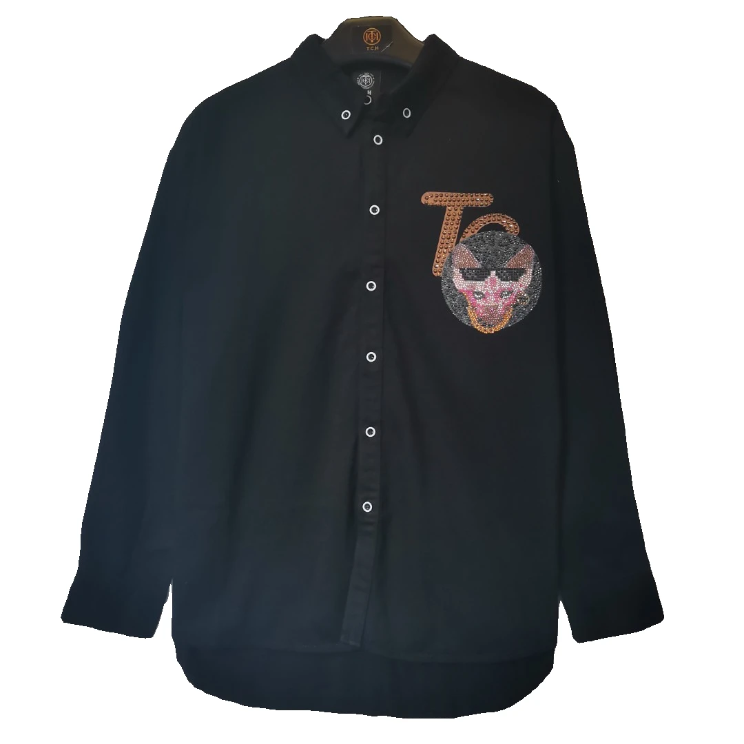 男装-TECHNO CHILLOUT HOUSE潮牌烫钻黑色牛仔衬衫T21413Z6003