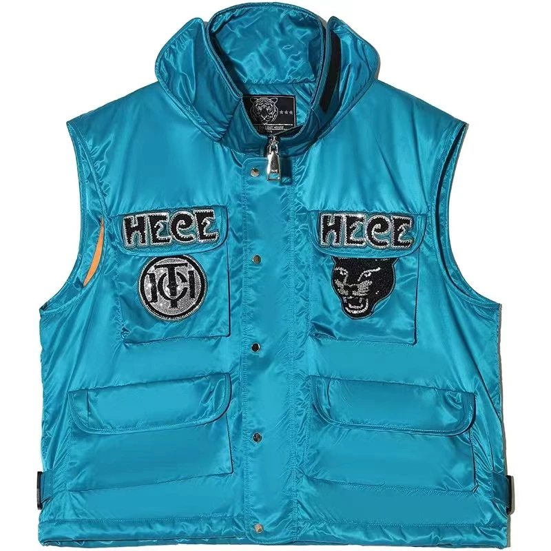 男装-TECHNO CHILLOUT HOUSE潮牌豹头烫钻宝石蓝马甲T214266001