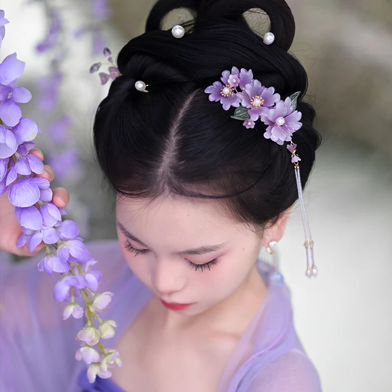 铁合金亚克力发饰 汉服头饰紫色花朵流苏边夹女发夹旗袍头饰古风