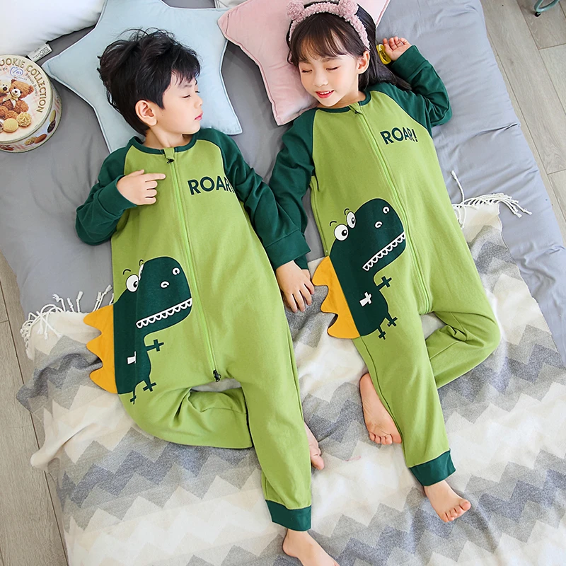 儿童连体睡衣男童春秋季长袖纯棉男孩宝宝女童连身卡通恐龙家居服
