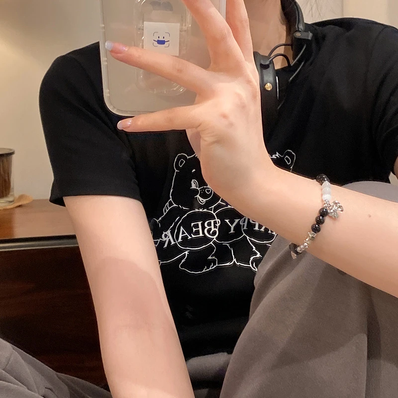 铜合金手链 AL2087 蝴蝶结串珠情侣手链女夏ins小众设计闺蜜黑色