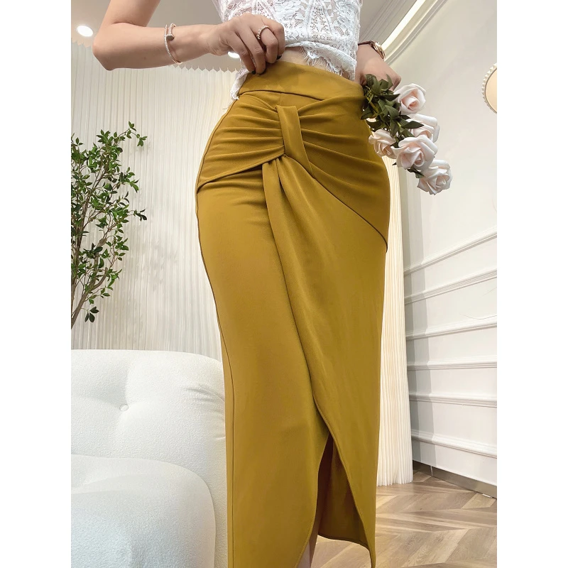 XULU原创夏季纯色包臀裙褶皱修身气质女神高腰半身裙显瘦开叉