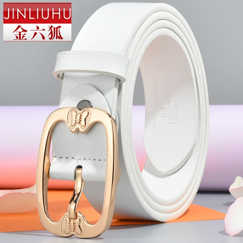 金六狐女士腰带牛皮韩版皮带女装饰牛仔裤潮宽款配牛仔腰带女白色
