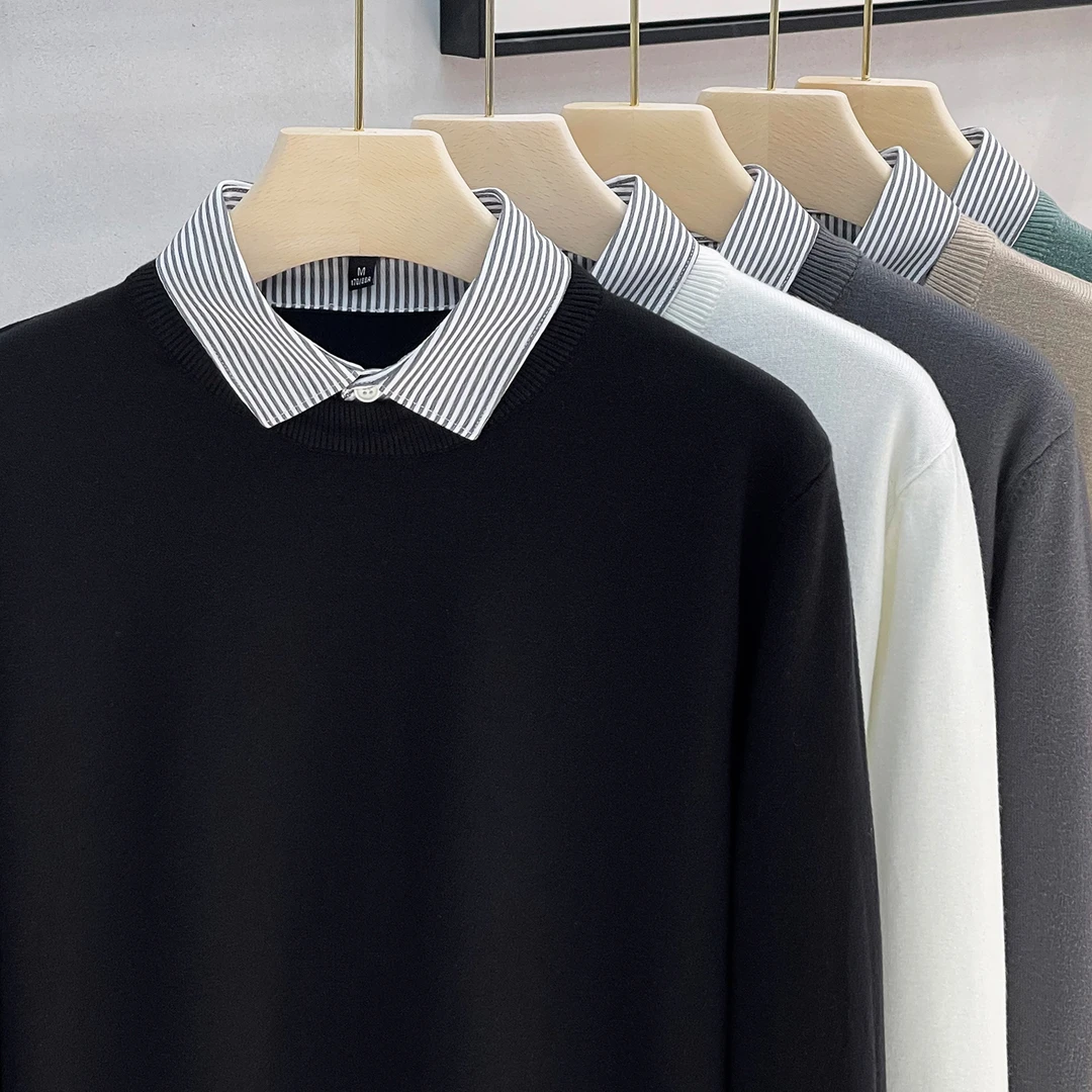 条纹领假两件衬衫领毛衣男款春秋冬季2025年商务休闲针织打底衫男