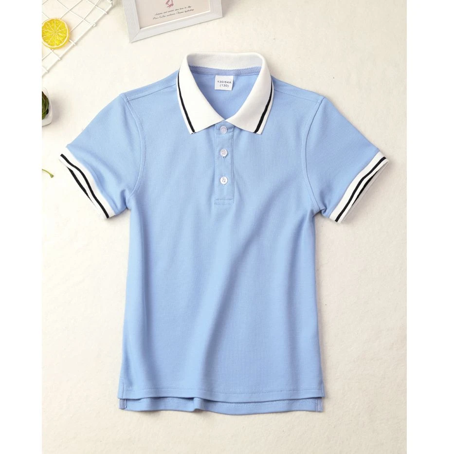 儿童蓝色短袖t恤夏男童翻领POLO衫女童半袖T天蓝色中学小学生校服