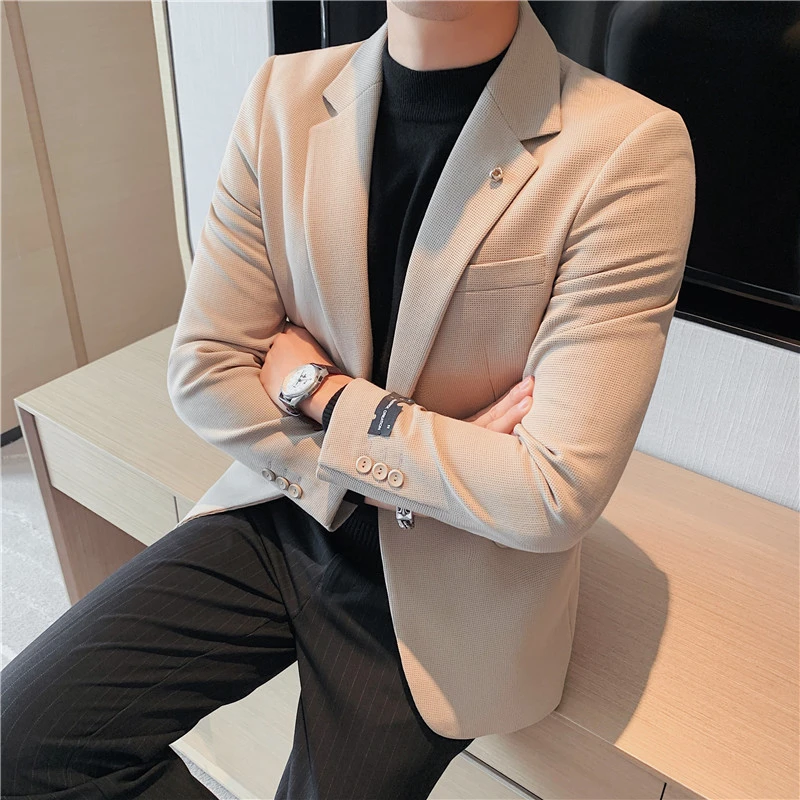【果璟先生】帅气质感网格华夫格西服外套男修身西装单西服青年潮