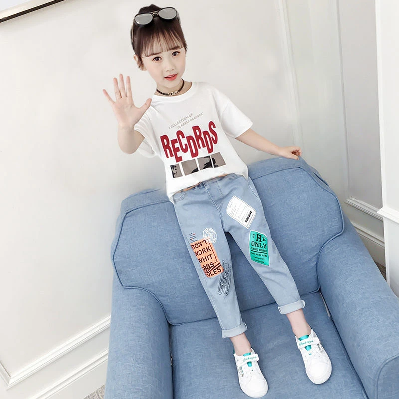 女童夏装套装2025新款韩版洋气夏季网红字母短袖牛仔裤两件套潮流