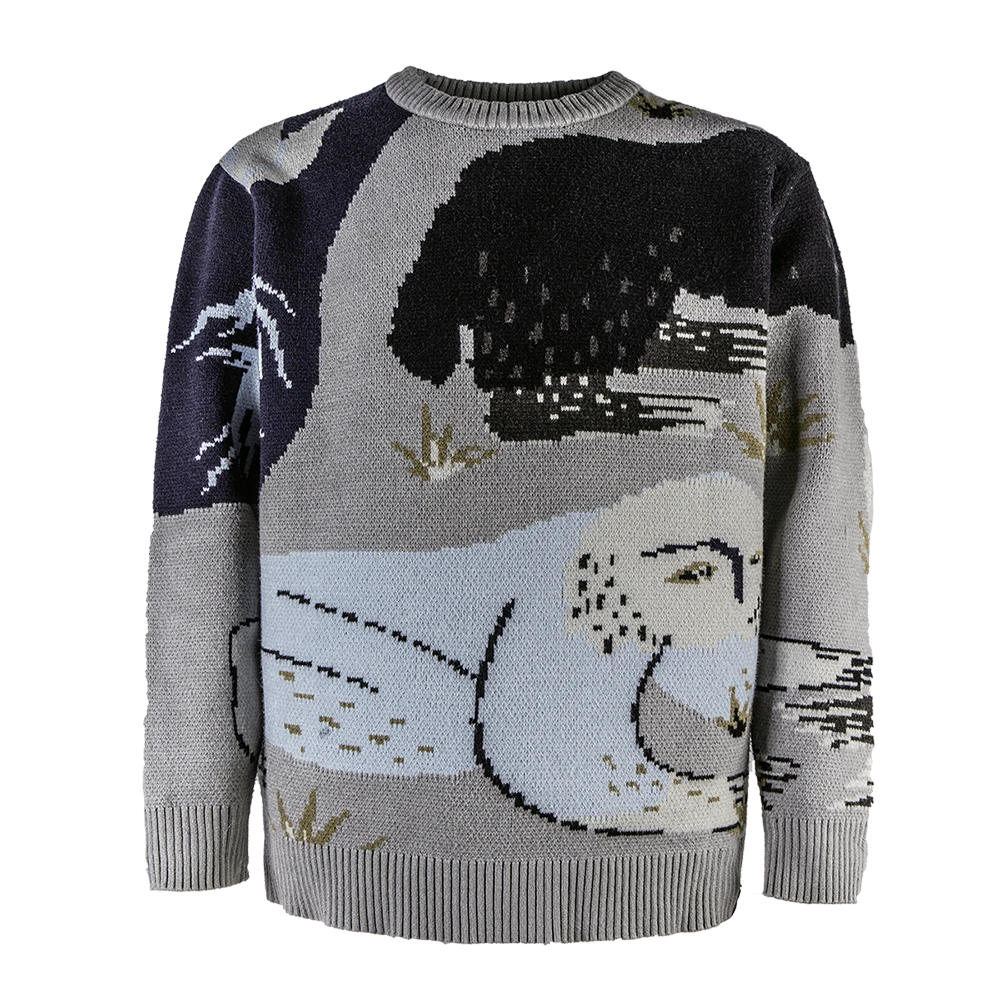 圣山服饰 原创合作款青山云复古宽松落肩圆领提花针织套头毛衣