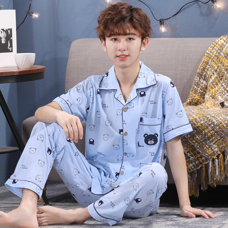 男大童睡衣夏季薄款短袖长裤纯精梳棉套装男孩夏天12到15岁家居服