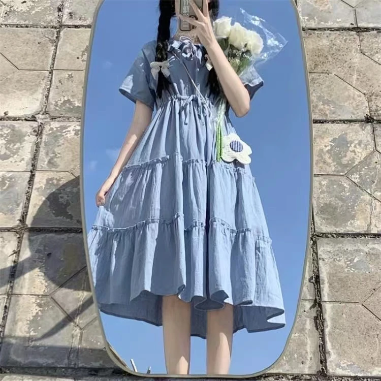 女大童连衣裙12岁女孩13初中少女15学生夏装日系软妹蓝色仙气长裙