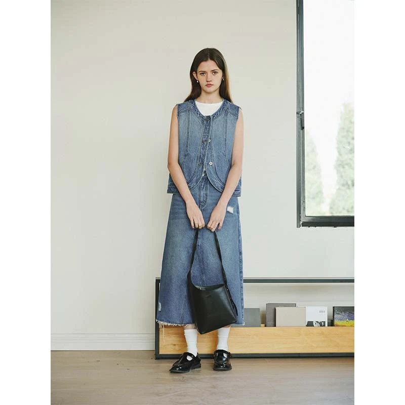 MADE OF SENSES原创设计小圆领牛仔马甲丹宁弧形下摆女士上衣