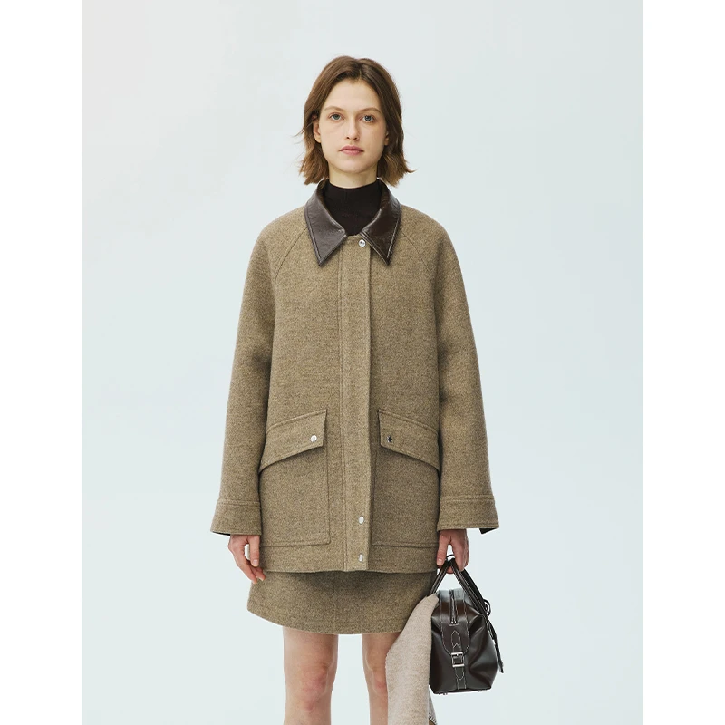 MADE OF SENSES中长款拼皮领羊毛夹花麦呢大衣a字半裙套装女秋冬