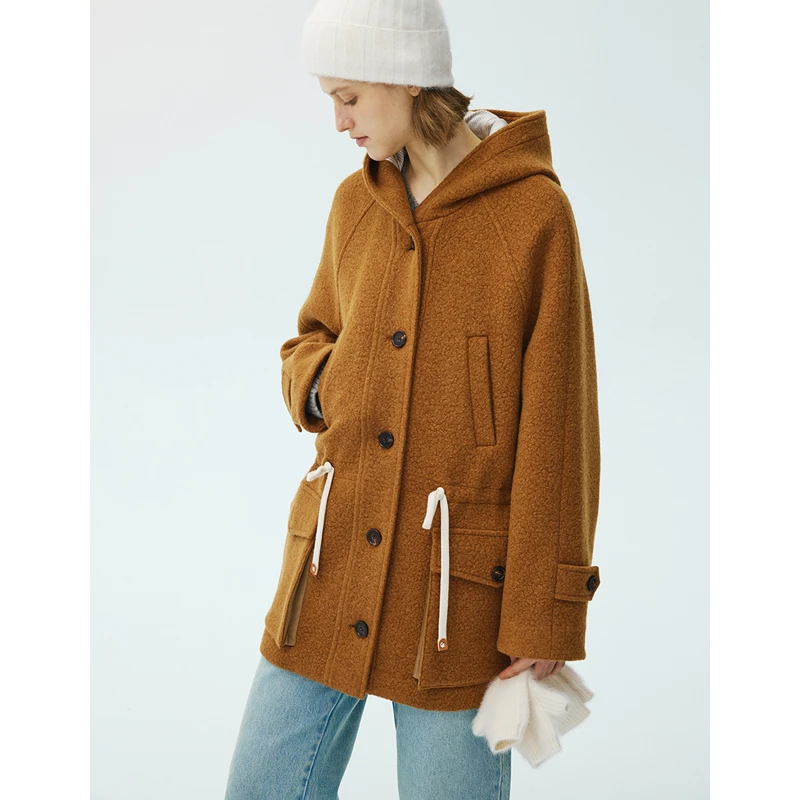 MADE OF SENSES秋冬新款中长款羊毛混纺宽松连帽抽绳毛呢大衣外套