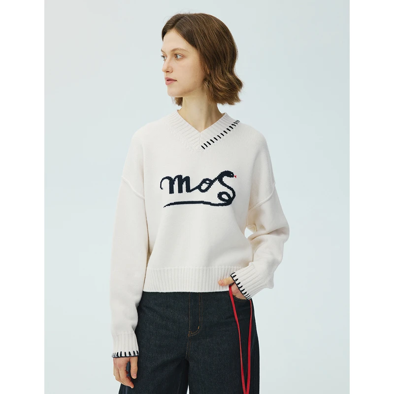 MADE OF SENSES100%绵羊毛新年蛇年毛衣慵懒氛围感V领套头针织衫