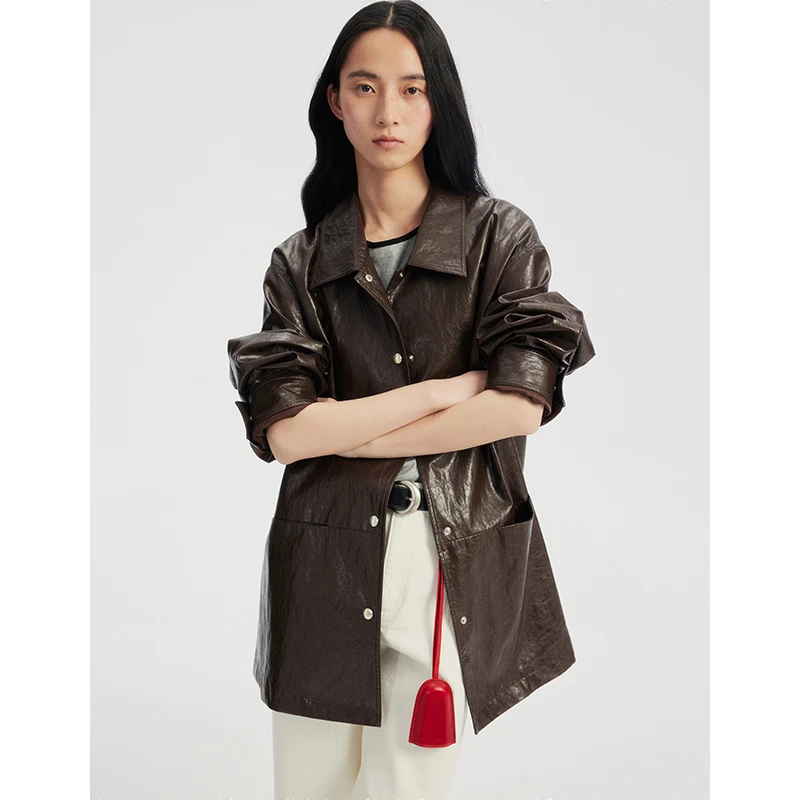 MADE OF SENSES复古油蜡皮衬衫式夹克春季新款环保PU皮质外套女