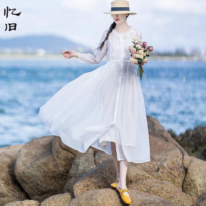 忆旧【初见山花】白色雪纺连衣裙女夏2022新款高级感长裙时尚裙子