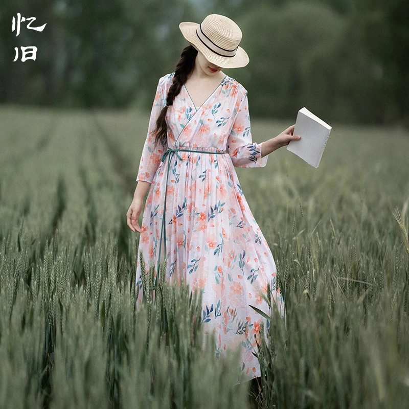 【现货】印花连衣裙女夏碎花裙2023新款收腰宽松长裙