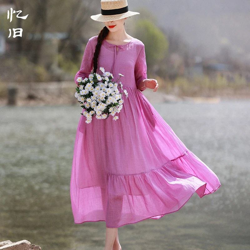 现货苎麻连衣裙女春夏2021年新款紫色长裙七分袖宽松高腰拼接裙子