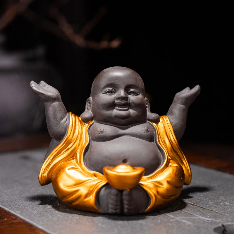 紫砂弥勒佛茶宠可养创意手工佛笑佛罗汉茶玩茶桌装饰摆件茶具配件