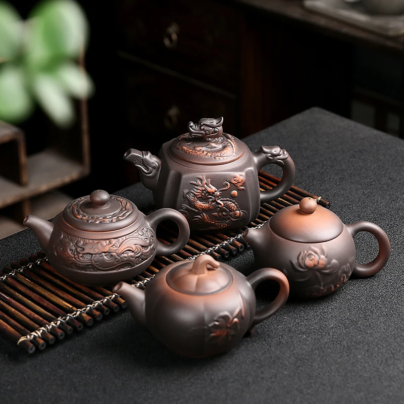 手工紫陶泡茶单壶西施石瓢壶陶瓷浮雕纹茶壶套装家用功夫茶具高档