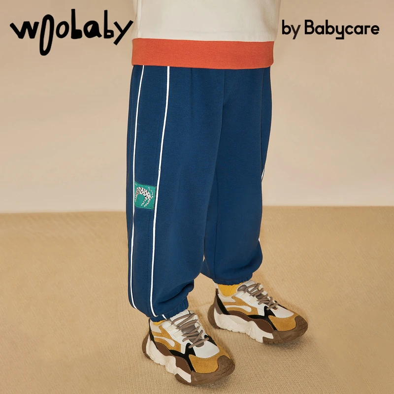 【耐磨长裤】woobaby童装秋季宽松针织休闲反光儿童运动裤WB2203058