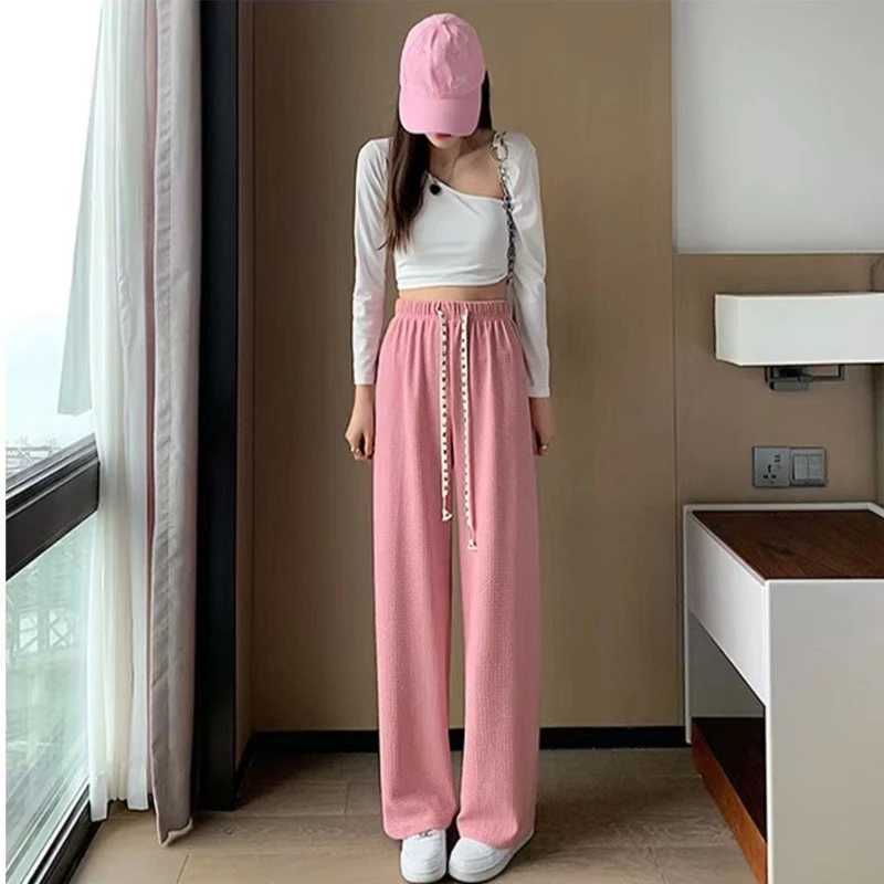 大码女装粉色阔腿裤2024新款高腰直筒裤胖MM大码休闲裤夏季