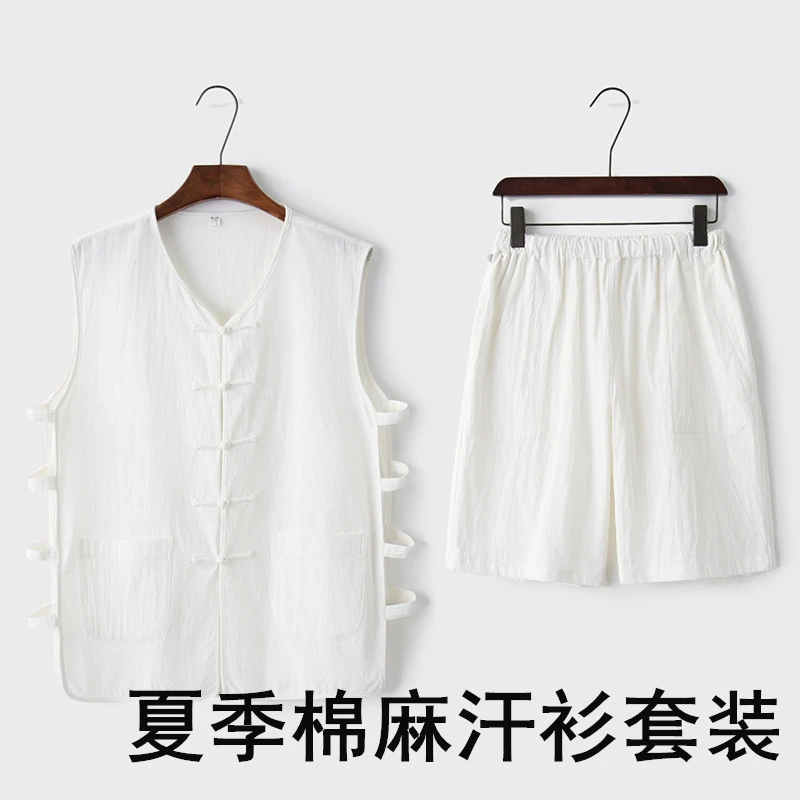 夏季中式马褂男士汗衫老北京背心无袖老头衫唐装马甲坎肩国风亚麻