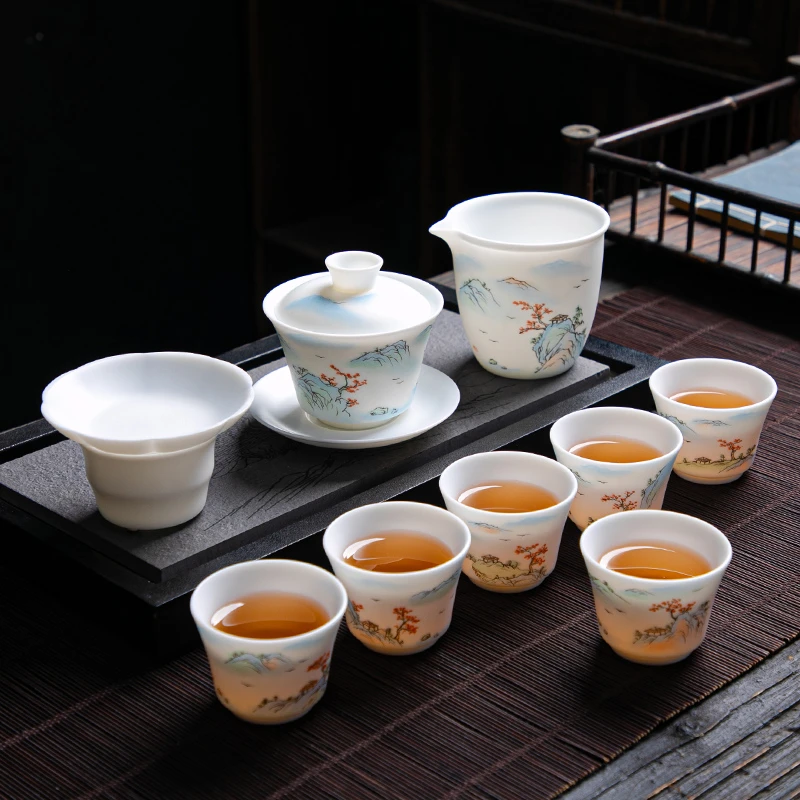 德化羊脂玉瓷功夫茶具家用泡茶套装素烧手绘白瓷三才盖碗高档礼盒