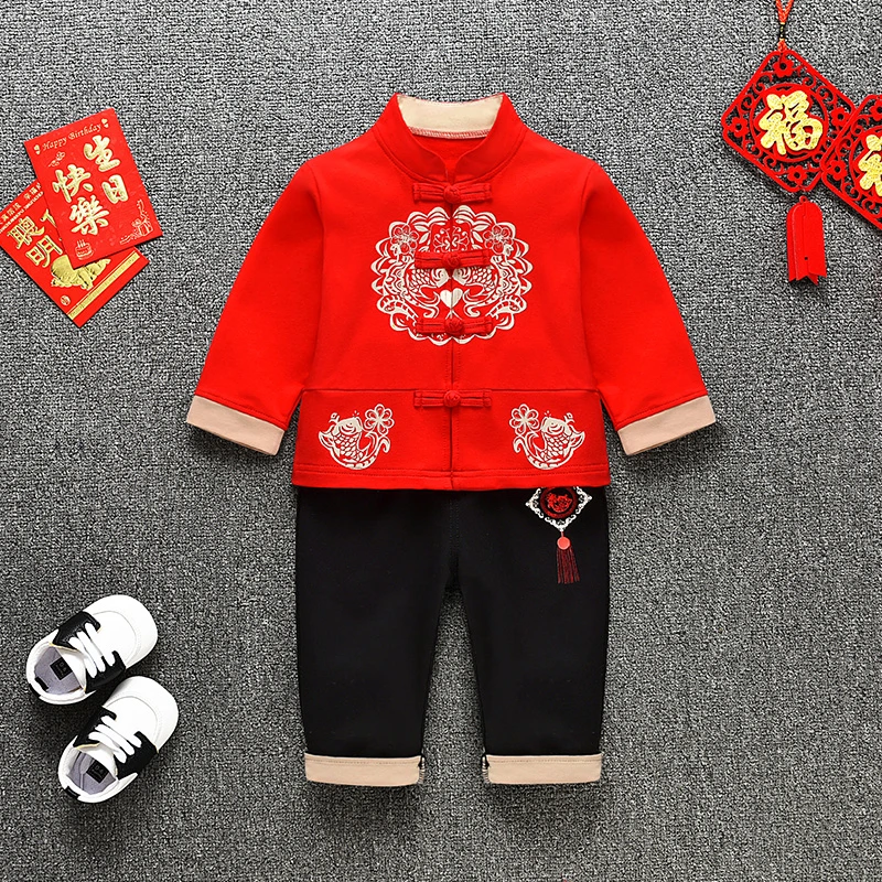 儿童新中式套装汉服男宝宝周岁礼服唐装红色春款男童服装抓周衣服