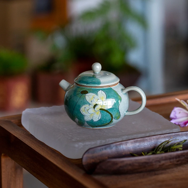 百垚手绘冰裂荷花壶家用陶瓷茶壶釉下彩开片可养茶壶功夫茶具茶道