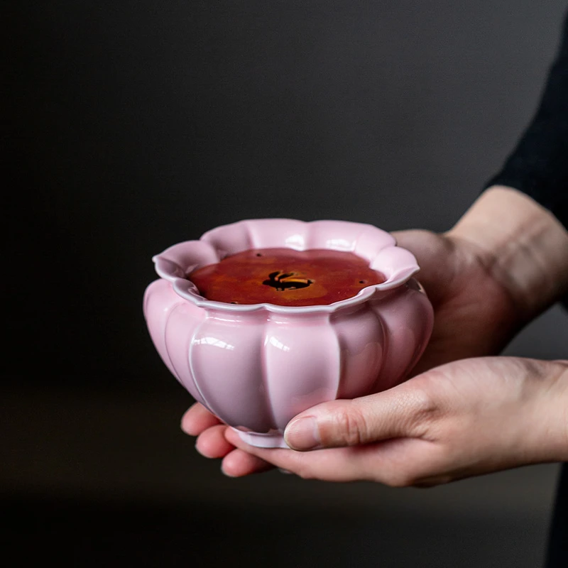 百垚手工菱花胭脂红铜盖建水茶渣缸家用储水式茶渣桶功夫茶具配件