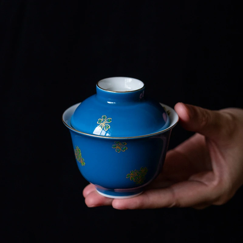 百垚海空蓝烫金盖碗家用两才盖碗宫廷风泡茶碗单个敬茶碗功夫茶具