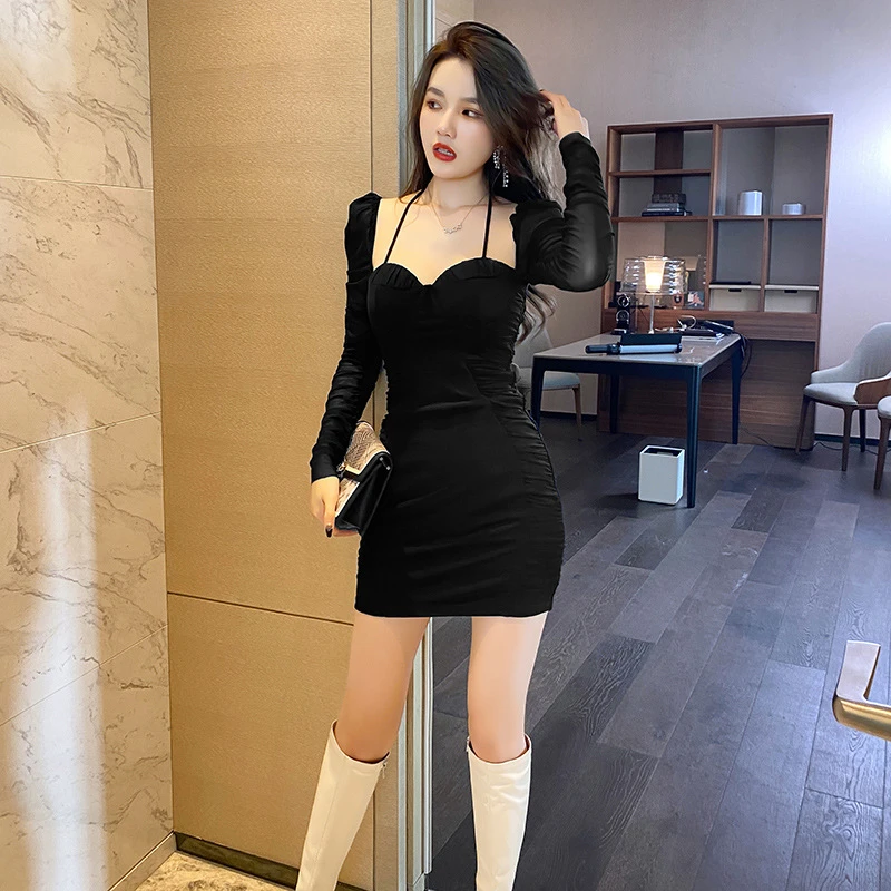 2025秋装新款女装法式方领网纱拼接褶皱收腰包臀小个子连衣裙9433