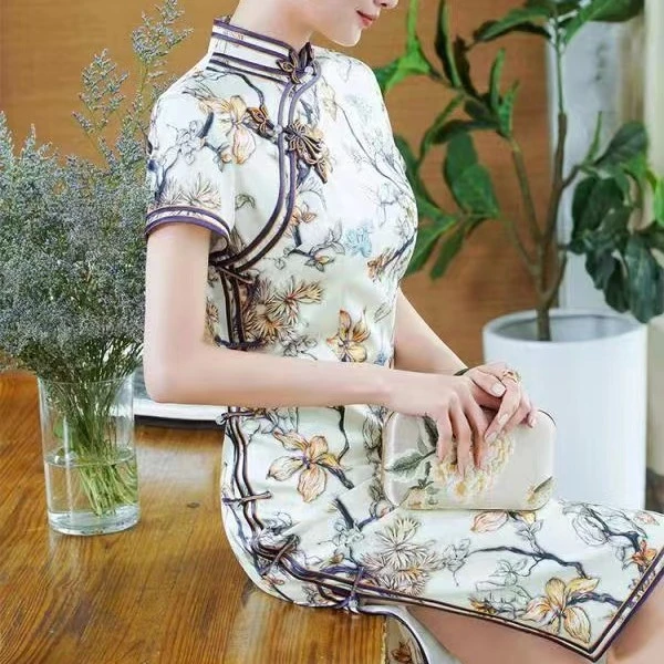 【花枝】徐永良51463桑蚕丝修身时尚旗袍日常气质中长款显瘦优雅夏